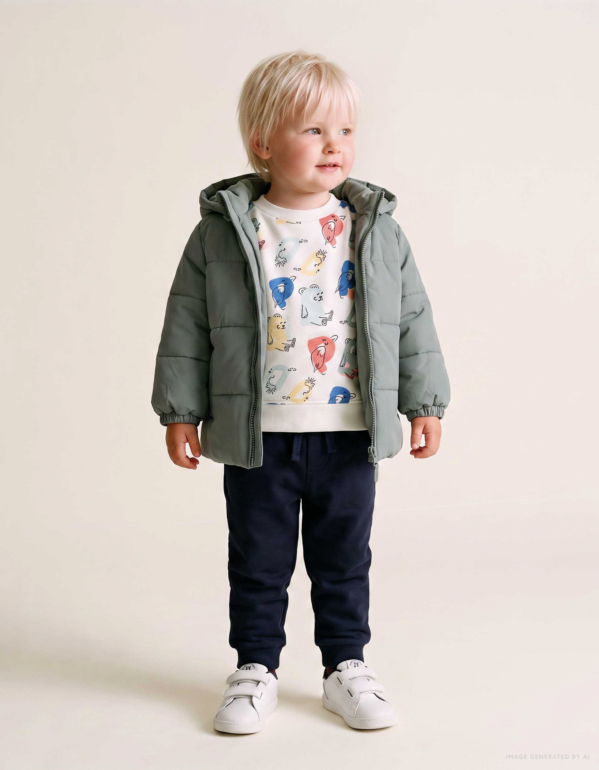 Puffer jacket with detachable hood for baby boys, dark green