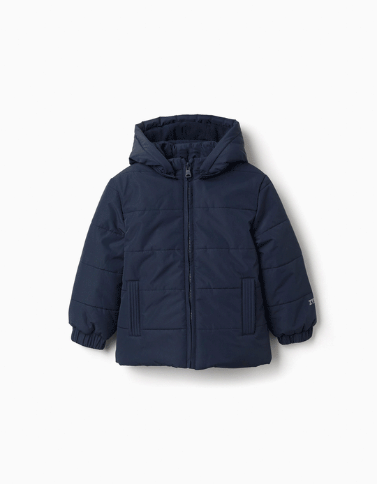 Hooded Puffer Jacket With Fleece Lining For Boys, Navy Blue