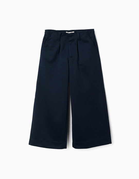 Wide Leg Trousers In Interlock Knit For Girls, Navy Blue