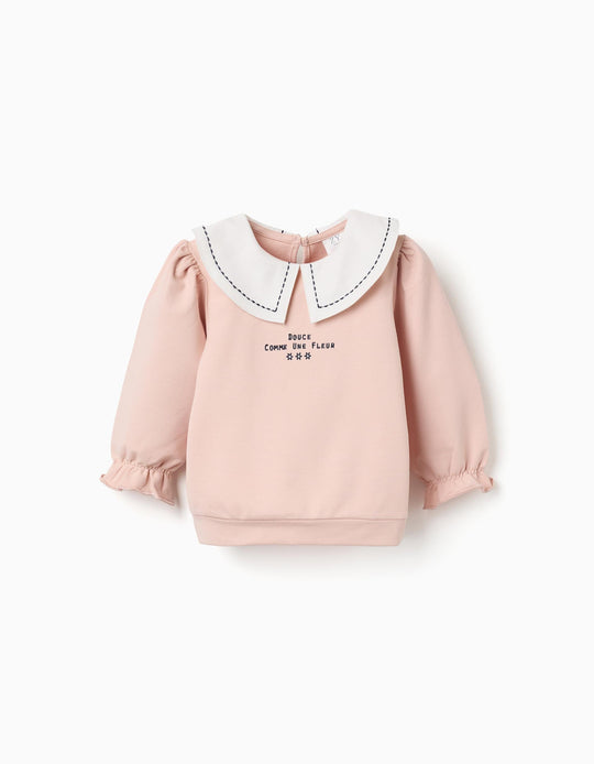 Cotton Sweatshirt With Embroidered Collar For Baby Girls, Light Pink