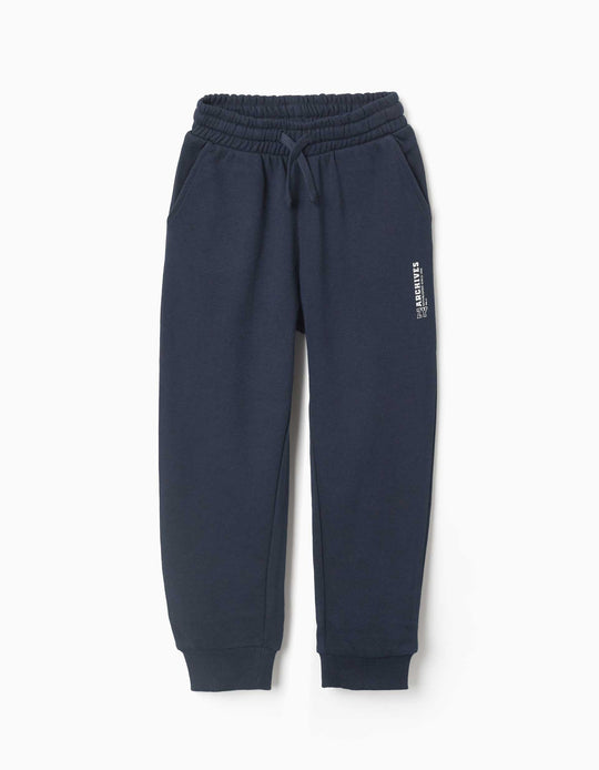 Slim Fleece Joggers With Pockets And Zy Print For Boys, Navy Blue