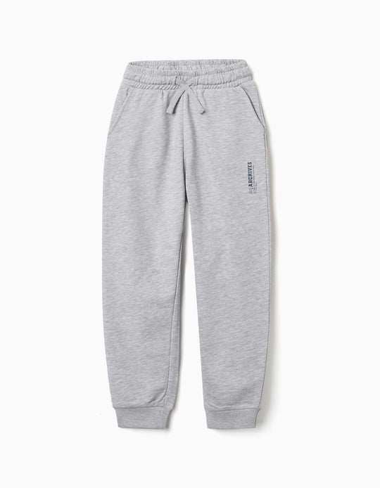Slim Fleece Joggers With Pockets And Zy Print For Boys, Light Grey