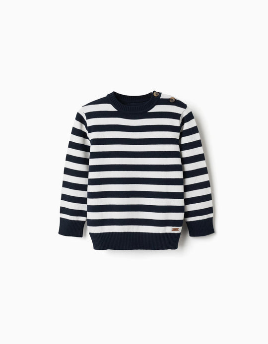 Striped Knitted Jumper For Baby Boys, White/Navy Blue
