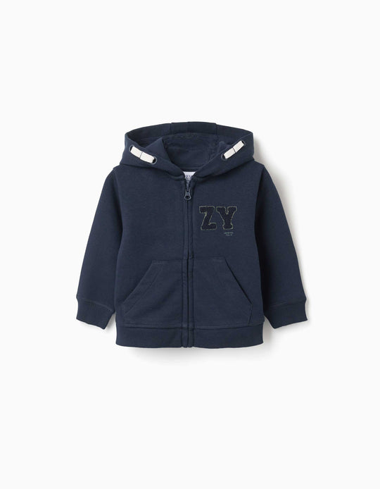 Hooded Jacket With Zy Bouclé Embroidery For Baby Boys, Navy Blue
