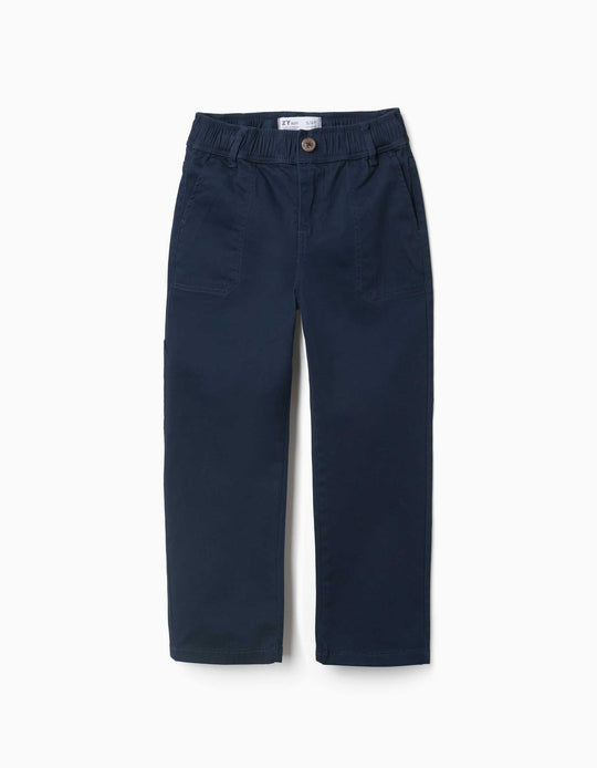 Twill Carpenter Trousers With Elasticated Waist For Boys, Navy Blue