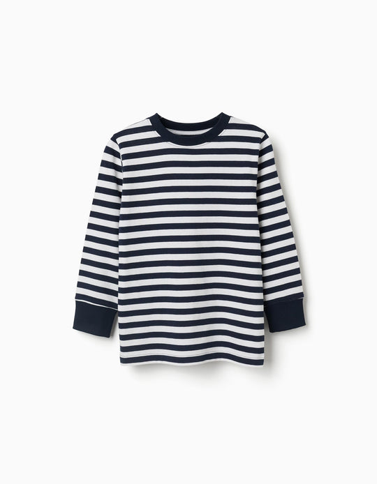 Long Sleeve Cotton T-Shirt With Stripes For Boys, Navy Blue/White