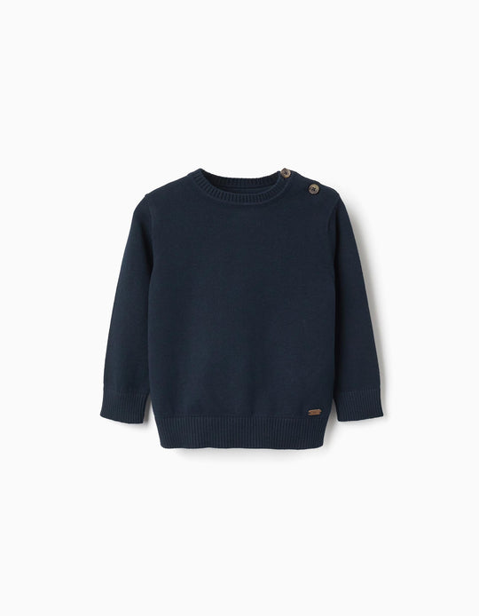 Knitted Jumper With Buttons On The Shoulder For Baby Boys, Navy Blue