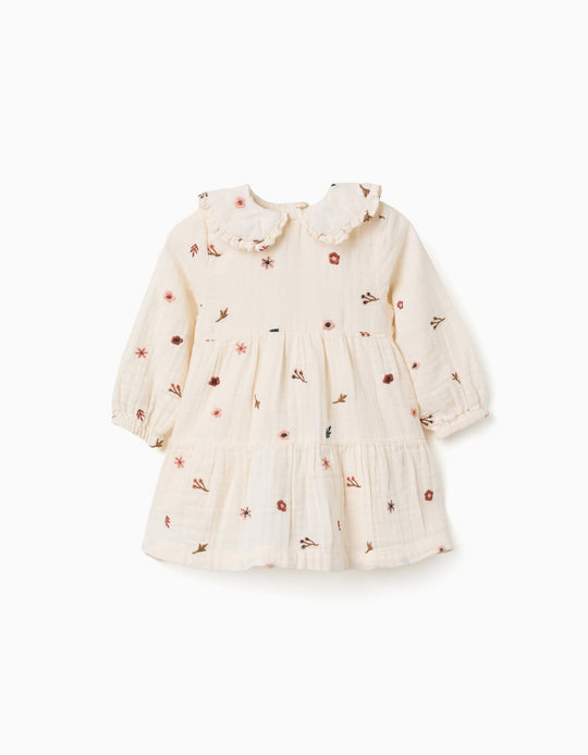Long Sleeve Cotton Dress With Floral Embroidery For Baby Girls, White