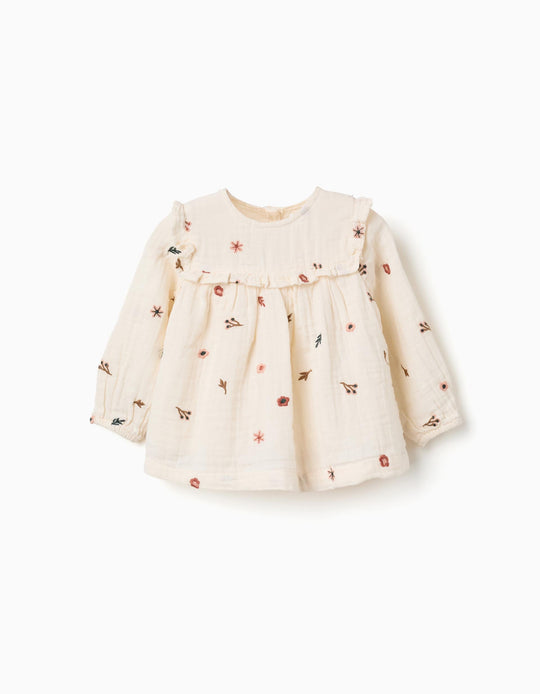 Long-Sleeve Cotton Blouse For Baby Girls, White