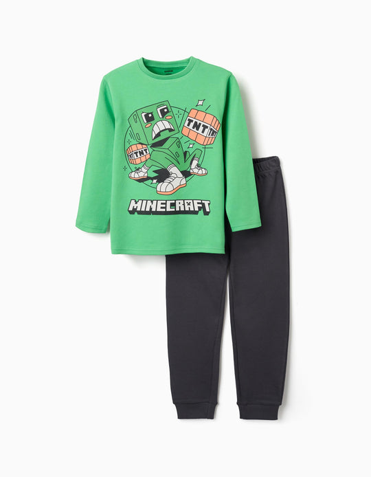 Long Sleeve Cotton Pyjamas With Minecraft Print For Boys, Green/Grey