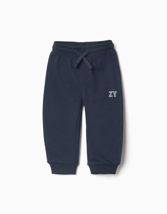 Fleece Joggers With Drawstring And Print For Baby Boys, Navy Blue