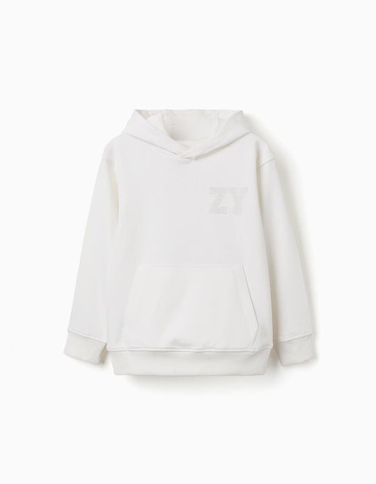 Hooded Sweatshirt With Zy Embossed Print For Boys, White