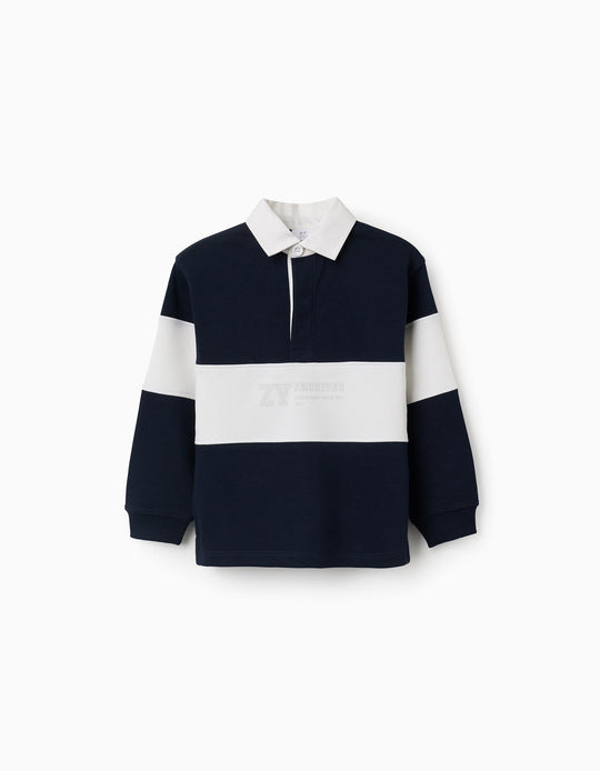 Sweatshirt With Polo Collar And Colour Block For Boys, White/Navy Blue