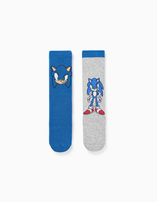 Pack Of 2 Non-Slip Socks With Sonic Prints For Boys, Blue/Grey