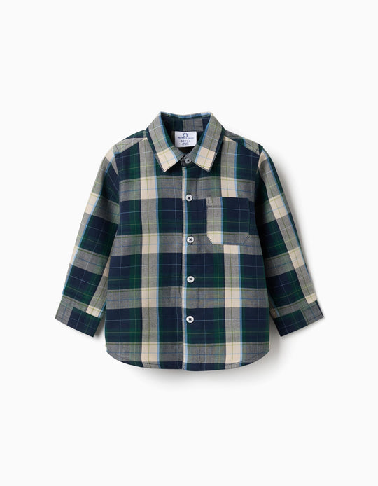 Long Sleeve Checked Cotton Shirt B&S For Baby Boys, Blue/Green/Beige
