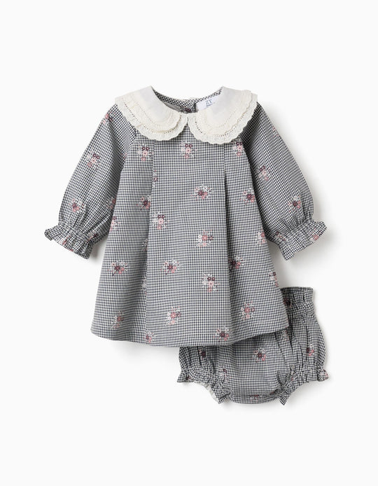 Cotton Gingham Dress With Floral Print For Newborn Girls, White/Navy Blue