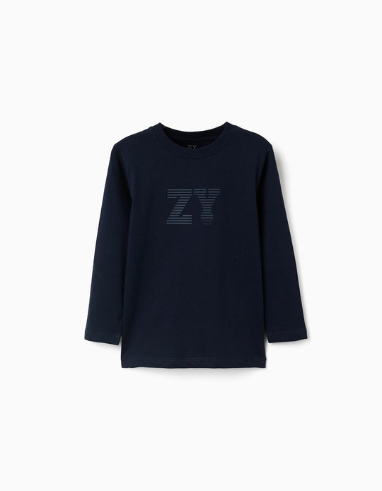 Long Sleeve Cotton T-Shirt With Zy Print For Boys, Navy Blue