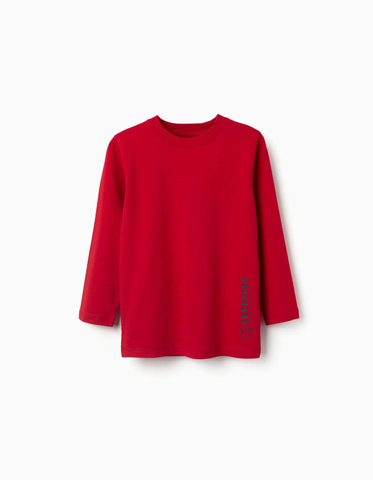 Long Sleeve Cotton T-Shirt With Zy Print For Boys, Red