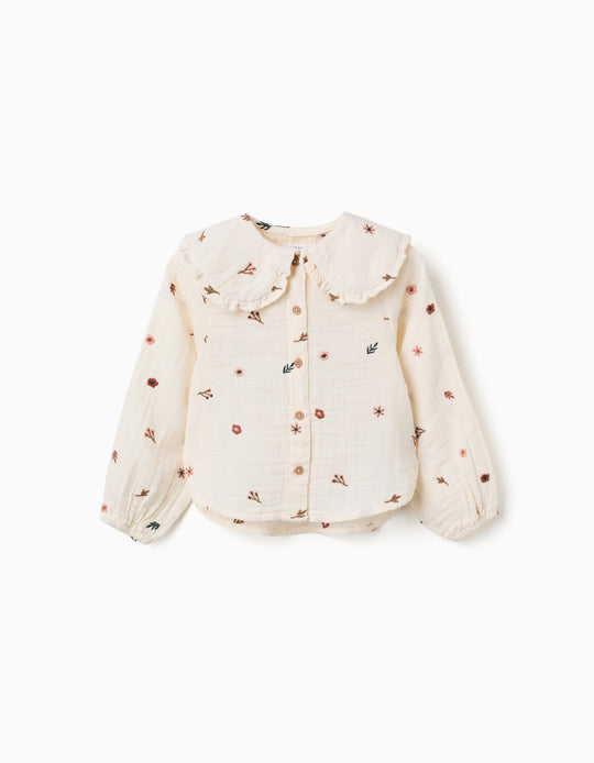 Long-Sleeve Cotton Blouse For Girls, White