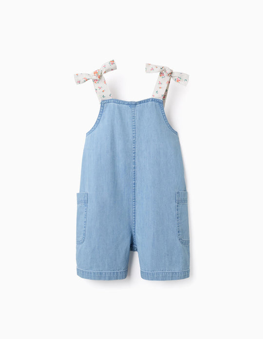 Sleeveless Denim Playsuit With Floral Straps For Girls, Light Blue