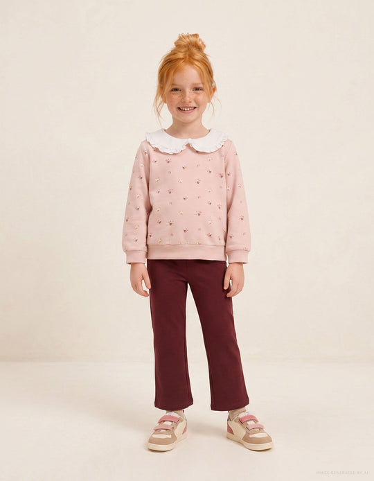 Cotton Sweatshirt And Trousers Set For Baby Girls, Light Pink/Brown
