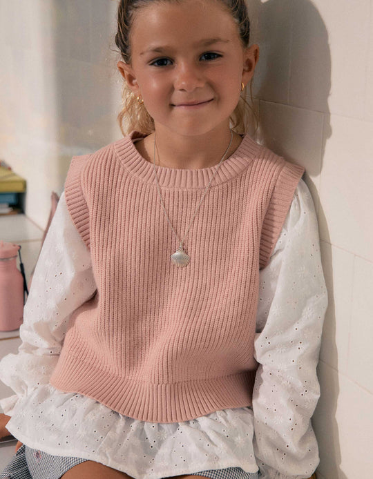 Dual-fabric Knit Vest With Broderie Anglaise For Girls, White/Light Pink
