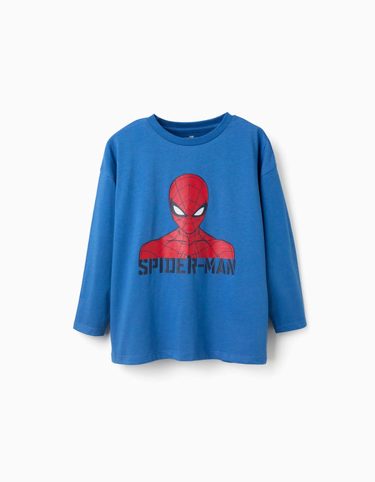 Long Sleeve Cotton T Shirt With Spider Man Print For Boys, Blue