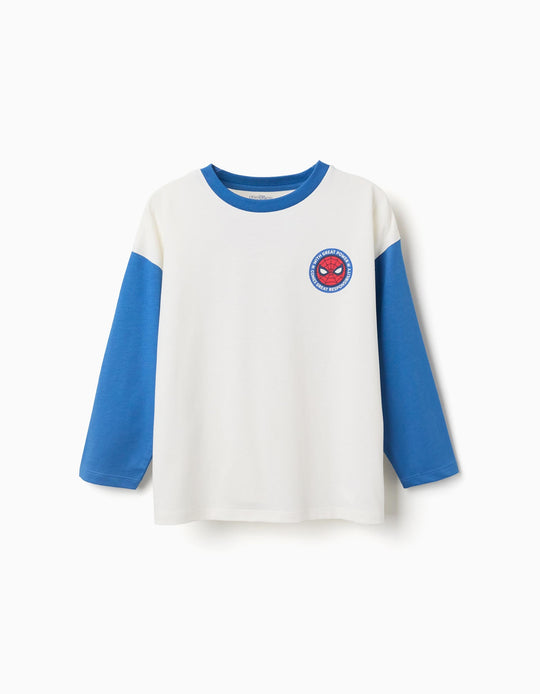 Long Sleeve Cotton T Shirt With Spider Man Prints For Boys, White/Blue
