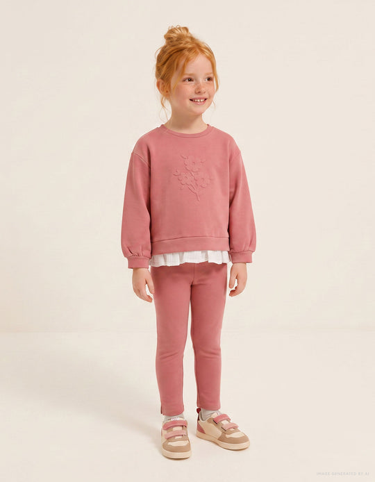 Cotton Jogging Set With Embossed Flower Print For Baby Girls, Pink