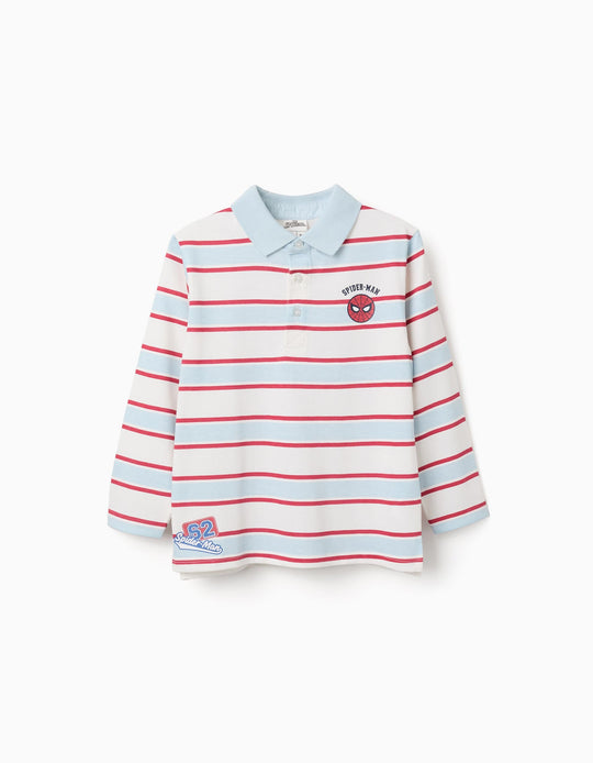 Striped Long Sleeve Polo Shirt Spider-Man For Boys, White/Blue/Red