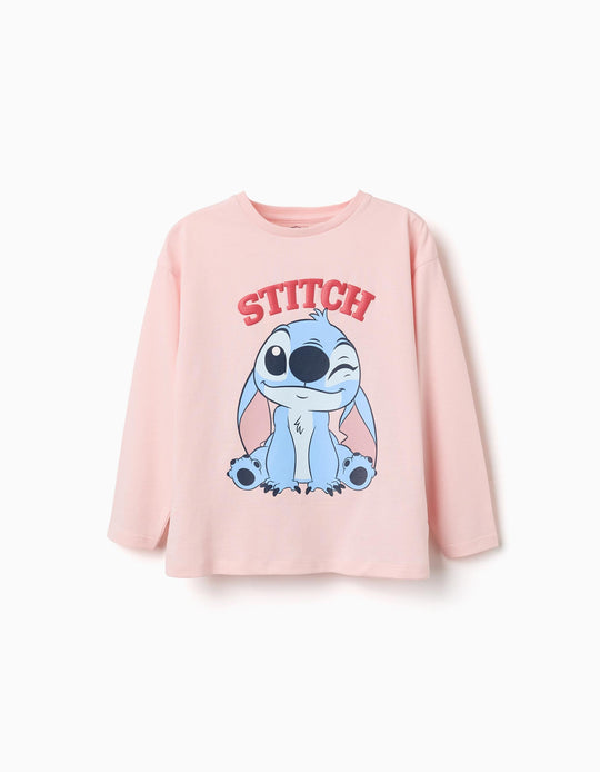 Long Sleeve Cotton T-Shirt With Stitch Print For Girls, Light Pink