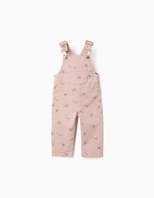 Twill Dungarees With Floral Motif For Baby Girls, Light Pink