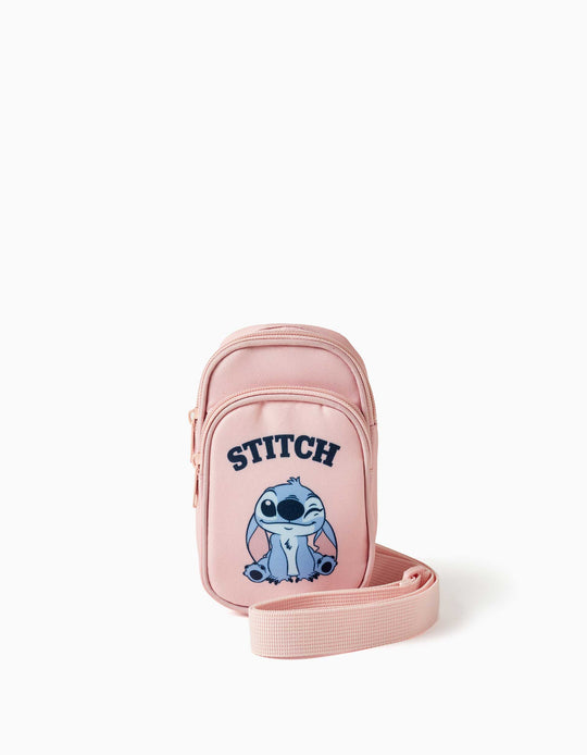 Phone Bag With Stitch Print And Adjustable Strap For Girls, Light Pink