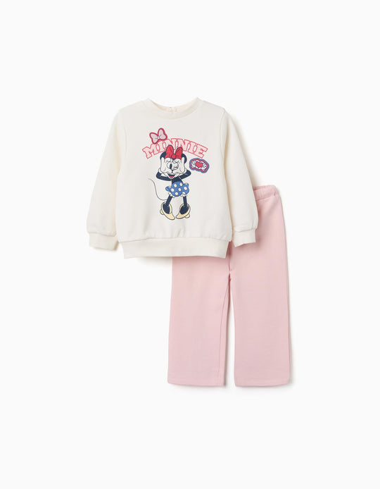 Cotton Jogging Set With Minnie Print For Babies And Girls, White/Pink