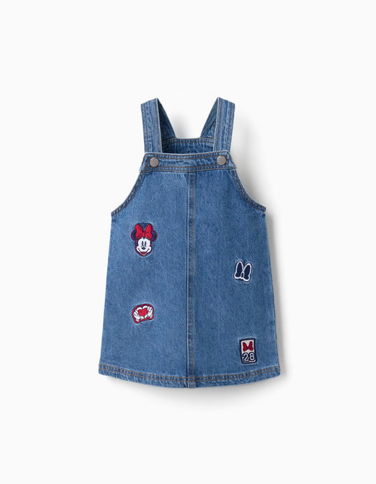 Denim Pinafore Dress With Minnie Embroidery For Babies And Girls, Blue