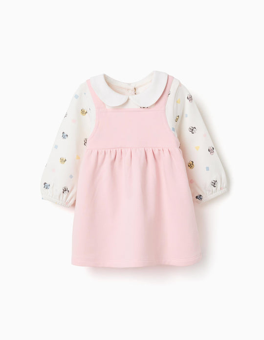 Long Sleeve Brushed Dress With Minnie For Newborn Girls, White/Pink