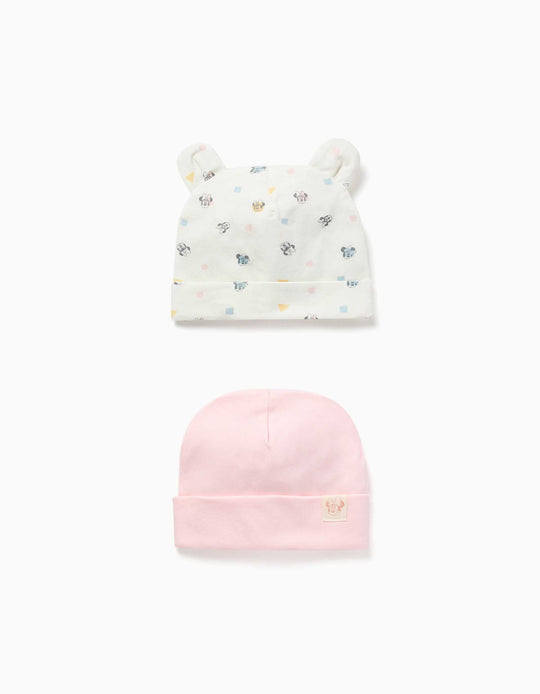 Pack Of 2 Cotton Beanies With Minnie Motif For Newborn Girls, Pink/white