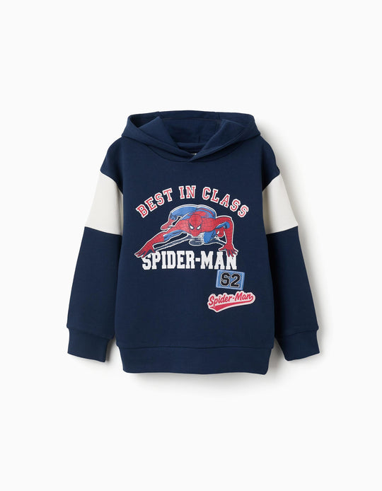 Cotton Hooded Sweatshirt With Spider-Man Print For Boys, Navy Blue