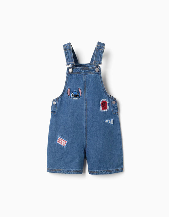 Denim Short Dungarees With Stitch Embroidery For Girls, Blue