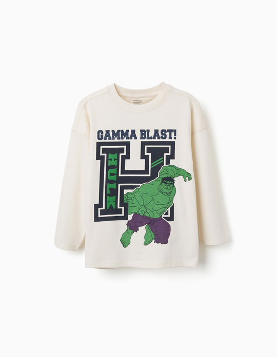 Long Sleeve Cotton T Shirt With Hulk Embossed Print For Boys, White