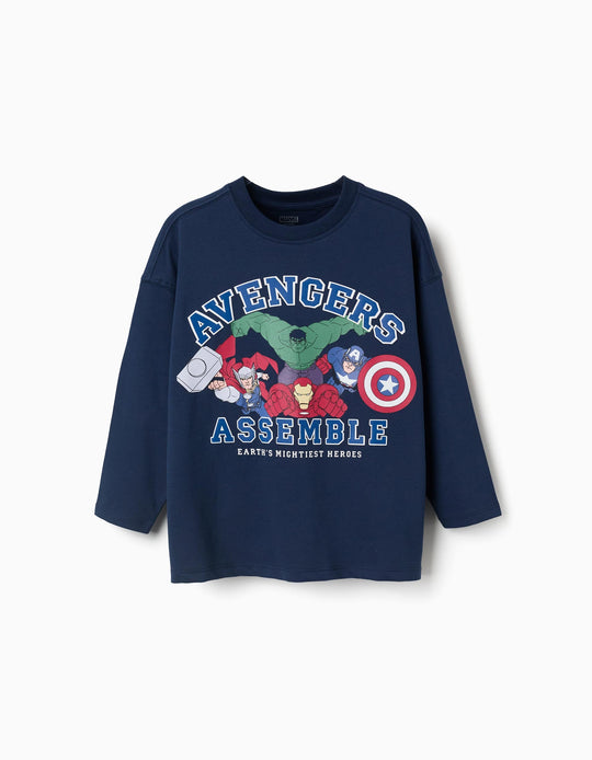 Long Sleeve Cotton T Shirt With Avengers Print For Boys, Navy Blue