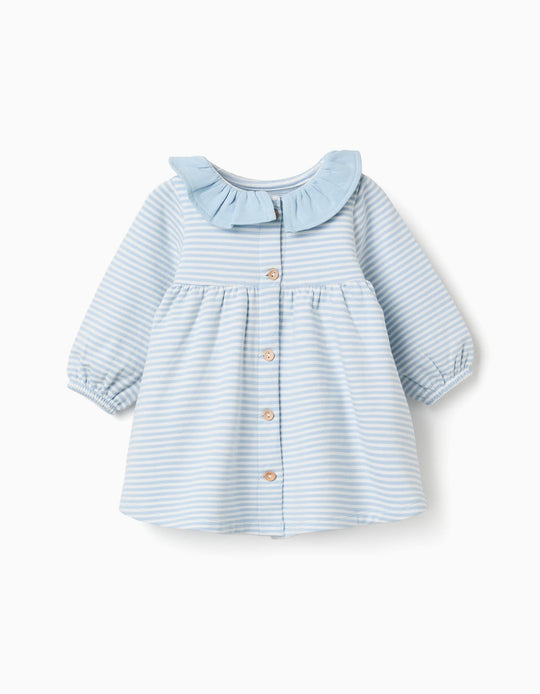 Long Sleeve Brushed Dress With Stripes For Newborn Girls, Blue/White