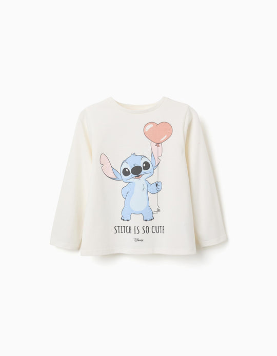 Long Sleeve Cotton T-Shirt With Stitch Is Cute Print For Girls, White