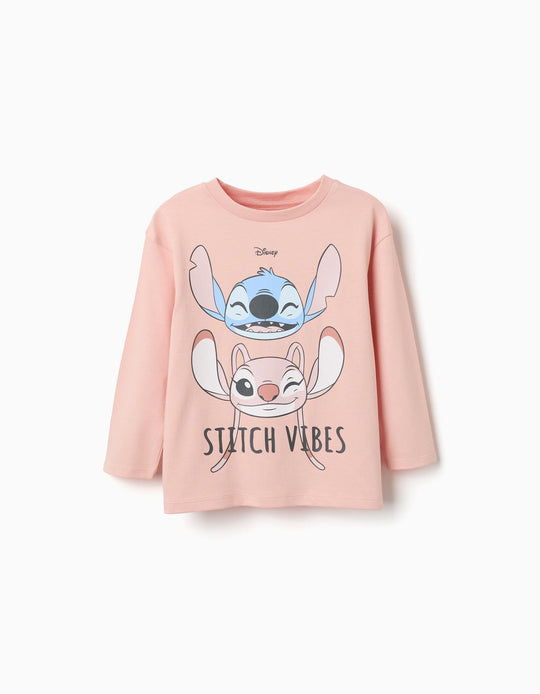 Long Sleeve Cotton T-Shirt With Stitch Vibes Print For Girls, Light Pink