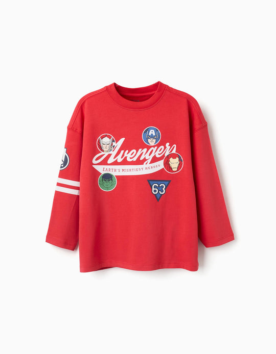 Long Sleeve Cotton T Shirt With Avengers Prints For Boys, Red