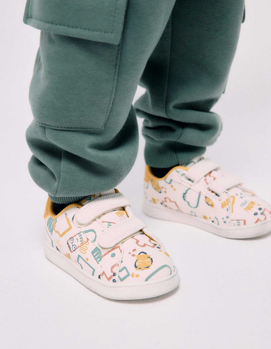 Touch Fastening Trainers With Colourful Print For Baby Boys, White/Yellow