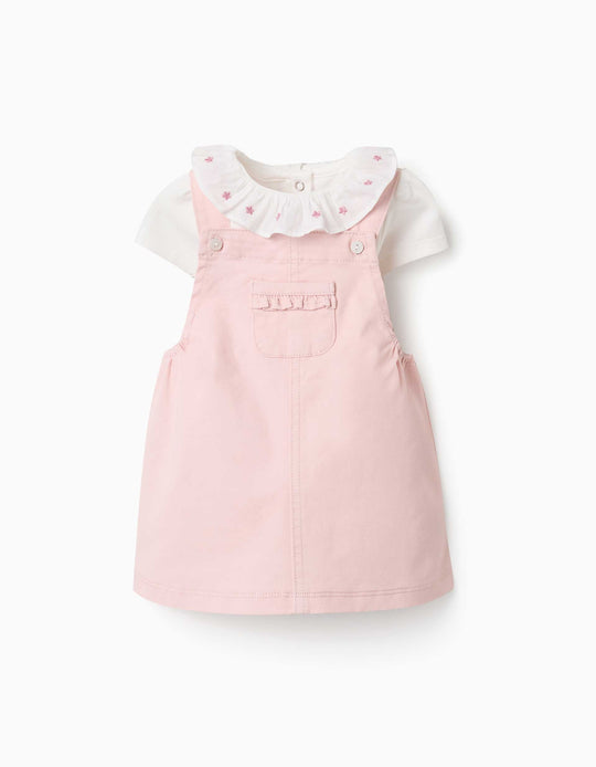 Cotton Bodysuit And Pinafore Dress Set For Newborn Girls, White/Light Pink