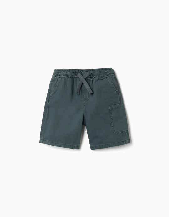 Midi Cotton Cargo Shorts With A Drawstring For Boys, Dark Green