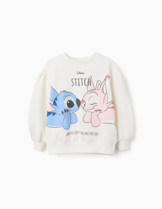 Brushed Sweatshirt With Stitch & Angel Print For Girls, White