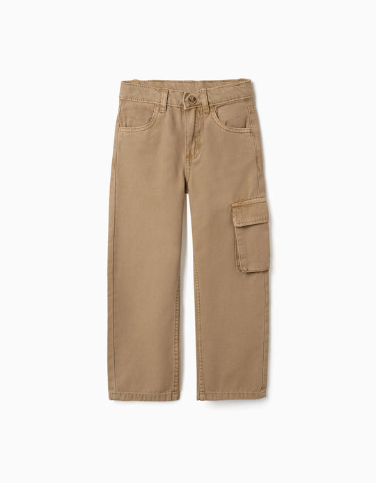 Straight Fit Cotton Trousers With 5 Pockets For Boys, Dark Beige